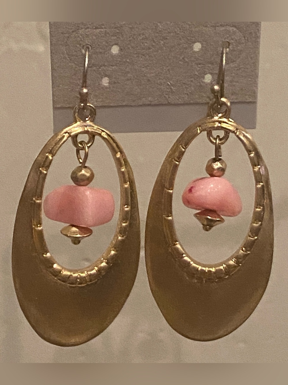 3/$15 Gold Hoop Earrings with Pink Stone Drop. NWOT.